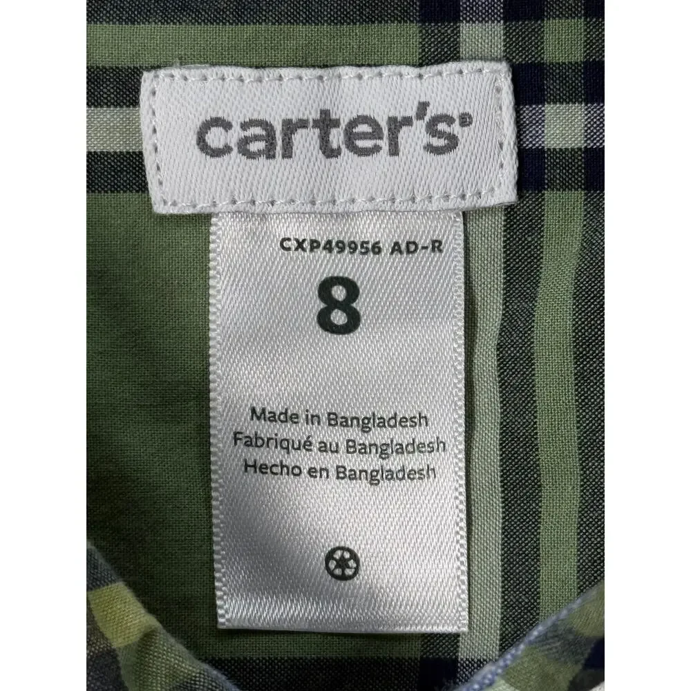 Carter's Boys Plaid Button-Down Shirt Size 8 Green Yellow Check Long Sleeve